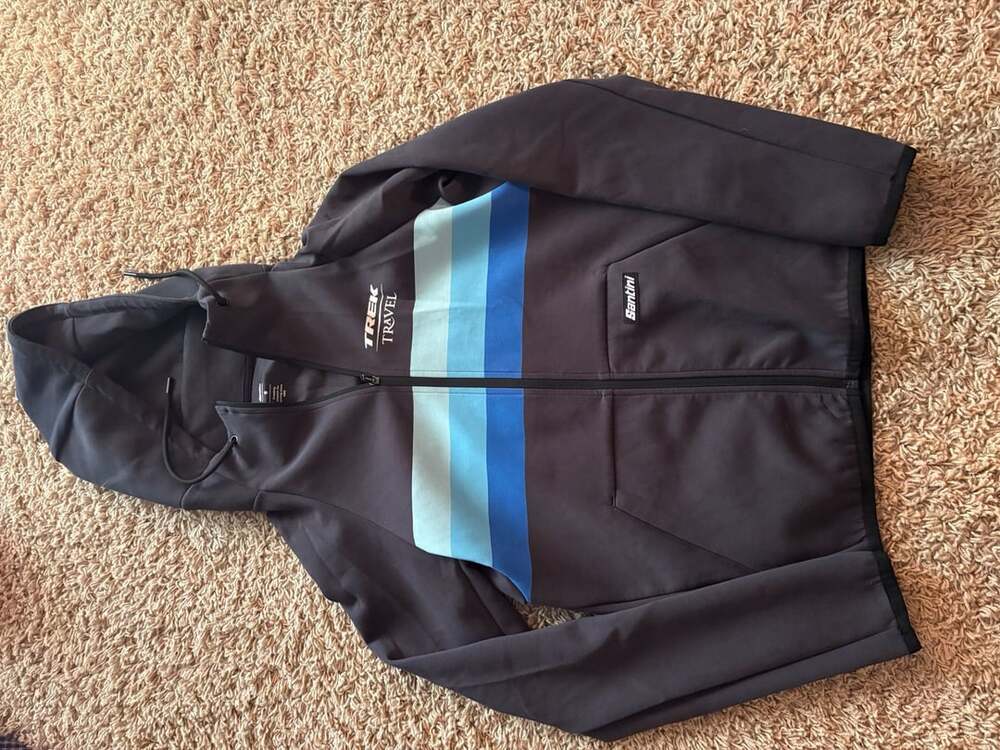 Santini Trek Travel Full Zip Hooded Jacket Size S Black Blue Striped